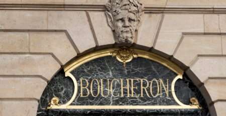 Boucheron logo on Boucheron store. Boucheron a French luxury jewellery and watches house located in Paris on Place Vendôme